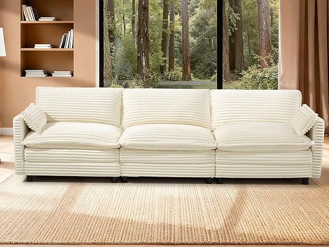 115'' Modular Sectional Sofa Comfy Cloud Couch with Movable Ottoman Deep Seat Corduroy Modular Sofa Sectional Couches for Living Room Bedroom and Apartment Beige