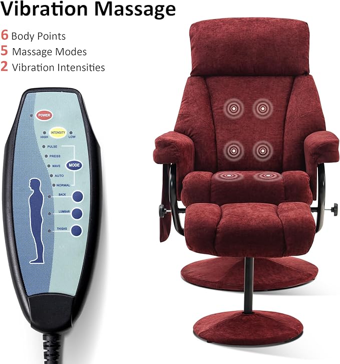 MCombo Swivel Recliner with Ottoman TV Chair with Vibration Massage Ideal for RV Small Space Living Room &amp Bedroom 4828 (Textile Burgundy)