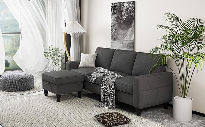 ZeeFu Couch for Living Room - 78'' Beige Linen 3 Seat L-Shaped Sectional Sofa Couches with Storage Ottoman - Modern Small Space Upholstered Furniture Sofa Set for Office Small Space Apartment