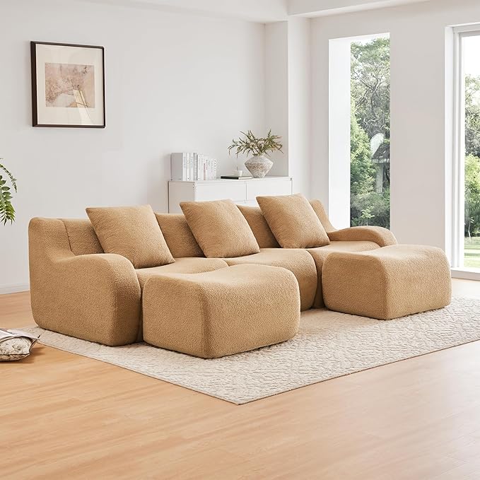 Boneless Cloud Couch Modular Sectional Sofa U Shaped Couch 3 Seater Comfy Teddy Sofa Deep Seat Sectional Couches for Living Room Oversized Floor Couches with Ottoman No Assembly Camel