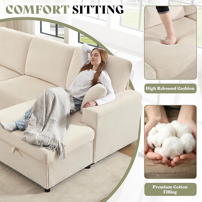 AMERLIFE 129 Inch Sectional Couches for Living RoomSectional Couch with Storage &amp OttomanModular Sectional Sofa Converts to SleeperCloud Couch Sectional for Large Space with CorduroyOff-White