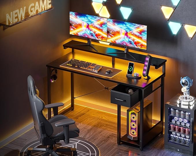 AODK Gaming Desk with LED Lights 55 Inch Computer Desk with Drawers Reversible Small Desk with Monitor Stand &amp Headphone Hook for Home Office Black