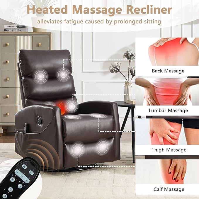 cinkehome Small Swivel Rocker Recliner Chair with Heated Massage Upholstered Nursery Glider Recliner Chair High Back Side Pocket (Brown PU Leather)