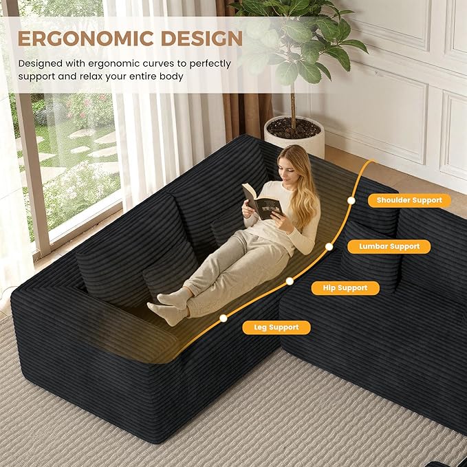 136'' Large Sectional Cloud Couches with Chaise U Shaped Boneless Loveseat Sofa No Assembly Required Deep Seat Modular Lounge for Living Room 3PCS Set Bedroom(Black)