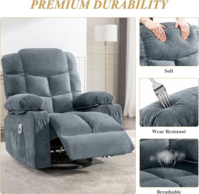 Oversized Massage Swivel Recliner Chair with Lumbar Heating for Living Room Rocker Recliner Single Sofa with Cup Holders and USB Charge Port Large Big Chair Recliners for Adult