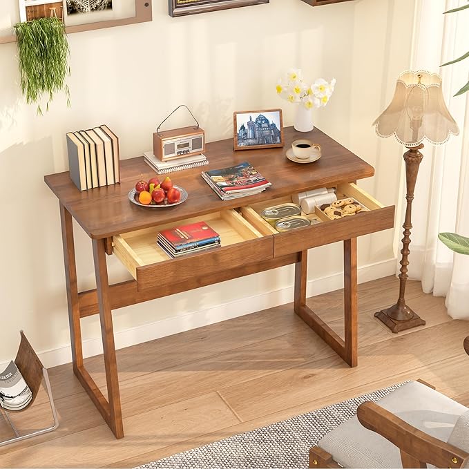100% Solid Wood Writing Desk - Mid Century Modern Desk Home Office Desks with Drawers Walnut Vintage Desks Laptop Computer Work Study Table for Bedroom Living Room &amp Office