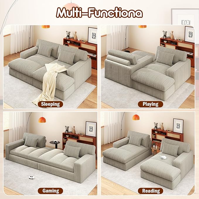 Cloud Couch Sofa Bed Oversized Chaise Lounge Chair Indoor 95.6” W Double Boneless Corduroy Upholstered Reading Chair Fluffy Sleeper Sofa Couches for Living Room No Assembly Required (Grey)