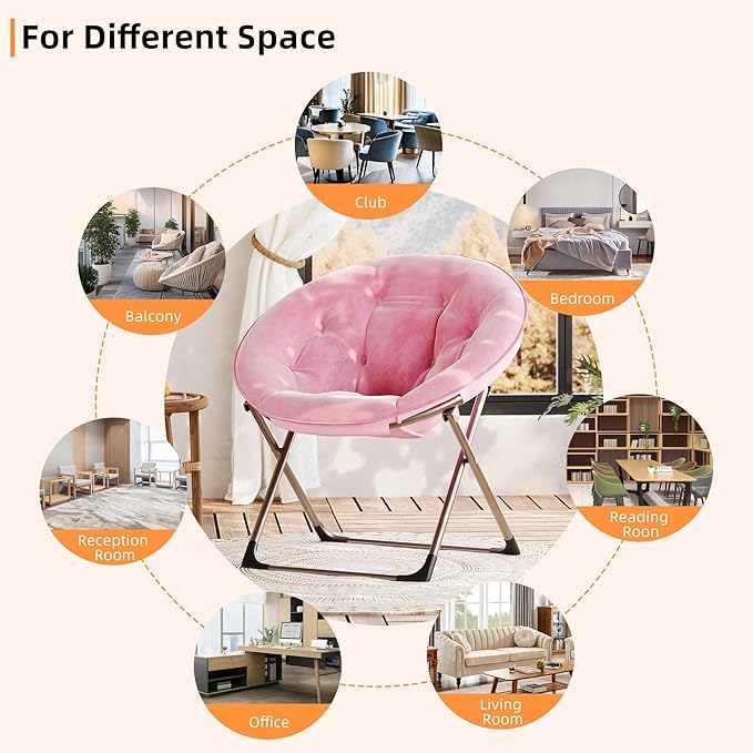 GarveeHome Comfy Oversized Saucer Chair – Soft Plush Fabric Reading Lounger for Adults Stable X-Large Metal Frame Foldable Accent Lazy Chair for Bedroom Living Room Dorm Office Pink