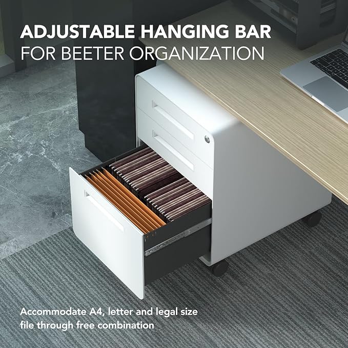 FLEXISPOT Metal File Cabinet for Under Desk Storage Mobile 3 Drawer File Cabinet Round Corner Design Filing Cabinets for Home OfficeWhite