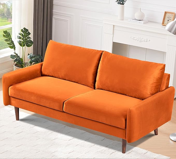 Kent Velvet Sofa for Modern Living Rooms and Compact Spaces Comfy 3 Seater Couch Studio Apartment Furniture with Sleek Design Orange