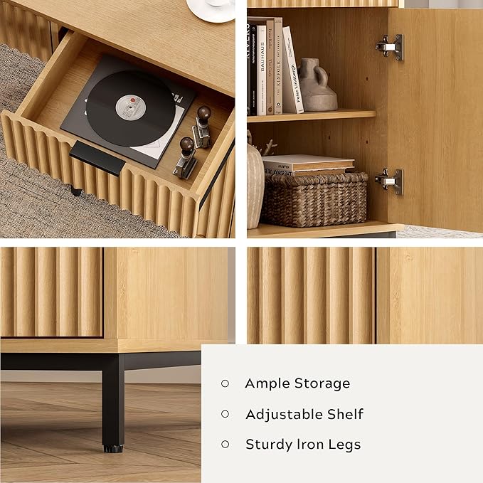 47 Executive Desk with Fluted Drawers Wooden Home Office Desk with Storage Cabinet Charging Station Metal Legs Modern Farmhouse Computer Desk for Work Study Natural Oak