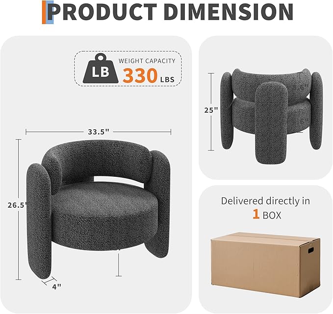 Cozy Oversized Barrel Accent Chair in Modern Mid-Century Boucle Chair Fabric Round Open Back Lounge Armchair for Reading Corner Bedroom Living Room and Apatment Decor Deep Gray