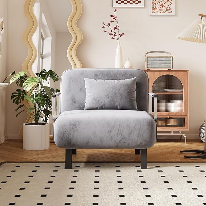 KEIKI 31.5 Luxury Velvet Single Triple-Fold Sofa Bed 3 in 1 Convertible Sleeper Lounge Chair w/Adjustable Backrest &amp PillowsMulti-Functional Living Room Armchair for ApartmentsGray