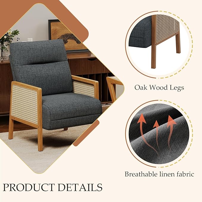 Andeworld Grey Accent Chairs Set of 2Upholstered Modern Living Room Chairs with Natural Rattan Arm Side Chair for Bedroom Club Balcony Reception Room