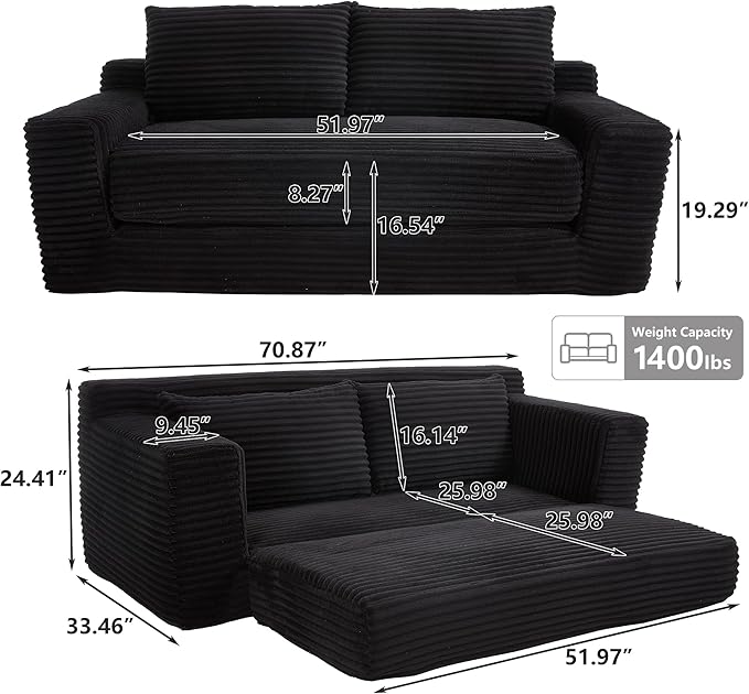 KIVENJAJA 70.87 Boneless Loveseat Sofa Modern 2-in-1 Convertible Sleeper Sofa Comfy Cloud Loveseat Couch Corduroy Small Boneless Couches for Living Room Small Space Bedroom Black