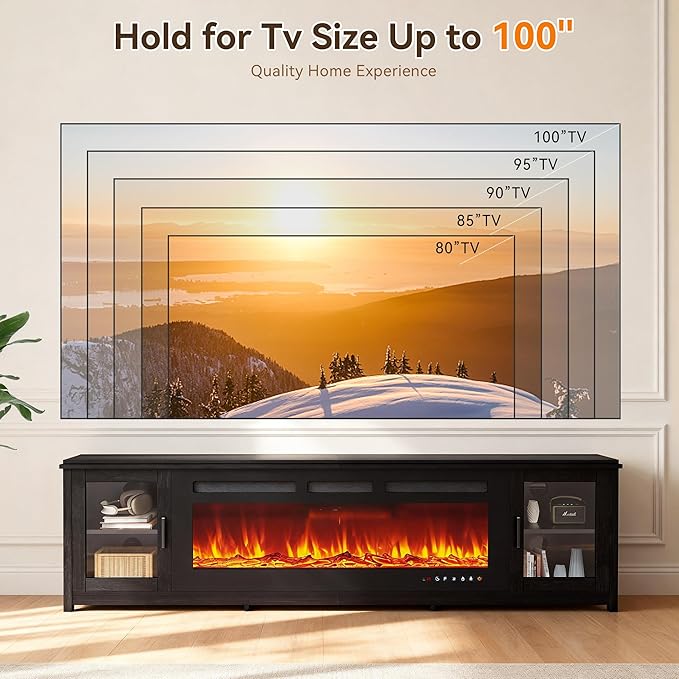 90 Fireplace TV Stand with WI-FI Enabled Modern 60 Smart Fireplace Entertainment Center Fire Place TV Console Adjustable 12-Color LED Lights for Living Room Black