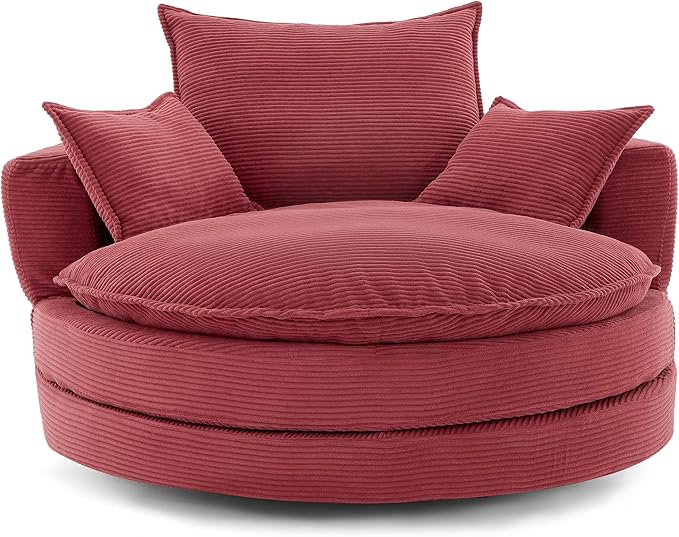 Merax 360° Swivel Sofa Chair 57.5 Swivel Accent Barrel Chair with Dual-Layer Cushion Design Modern Corduroy Leisure Sofa Round Chaise Lounge with 3 Removable Pillows for Living Room Bedroom
