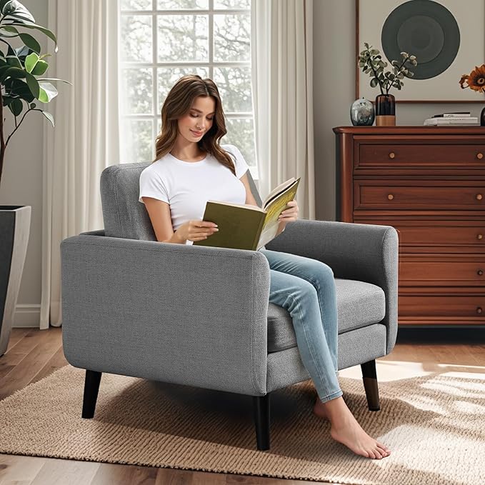ELUCHANG Accent Chair Set of 1 Oversized Mid Century Modern Arm Chair Soft Linen Fabric Sofa Chairs Upholstered Comfy Chair for Living Room Bedroom Apartment (Grey)