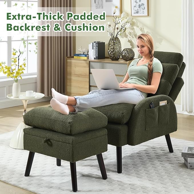 Accent Chair with Ottoman Comfy Reading Chair with Ottoman Set Modern Oversized Velvet Lounge Armchair with Adjustable Backrest for Living Room Bedroom (Teddy Dark Green)
