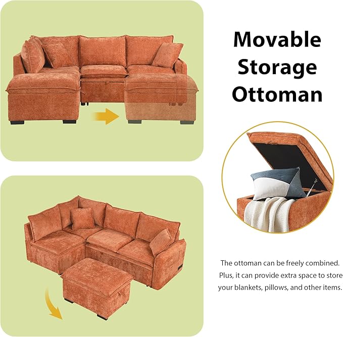 ERYE L-Shaped Corner Chenille Upholstered Sleeper Sectional Sofa Practical Convertible Sleep Sofabed W/Pull Out Sleep Couch Bed Storage Ottoman and USB Charge Ports for Living Room