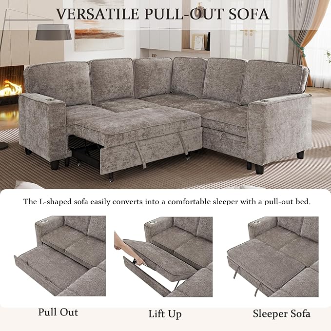 ERYE L-Shaped Symmetrical Sleeper Sectional Sofa W/Pull Out Sleeper Couch Bed and Storage Seat for Living Room Chenille Tufted Corner Convertible Sofa Bed with USB-C Ports