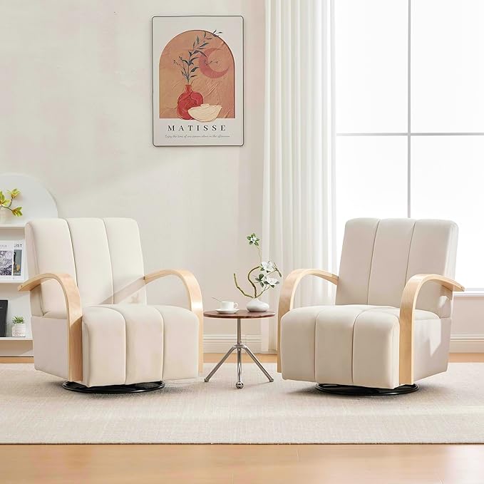 30.3 W Swivel Modern Boucle Upholstered Accent Chair with Solid Wood Armrests Comfy Lounge Reading Chair Side Armchair for Hotel Bedroom Living Room Office Nursery Room (Beige+Velvet)