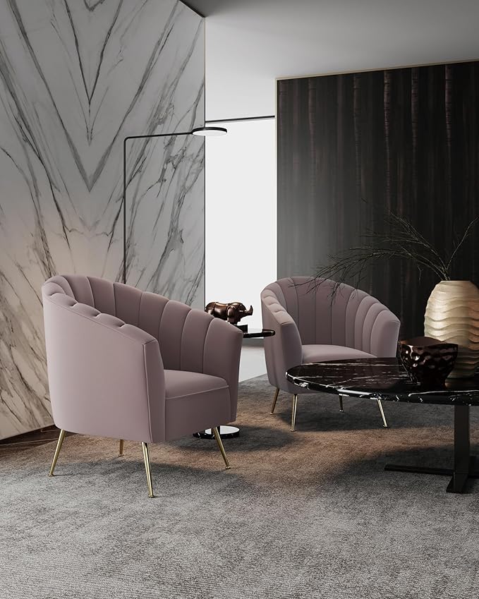 Manhattan Comfort Rosemont Velvet Accent Armchair Scalloped Chair with Mid-Century Modern Shell-Style with Wraparound Back Vertical Channeling Ideal for Living Room Use Set of 1 Blush