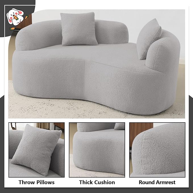 67 Curved Loveseat Sofa with 2 Pillows Boneless Curved Couch with Round Armrest Cloud Sofa for Living Room Bedroom Small Spaces Teddy Modern Compressed No Assembly (Grey-1)