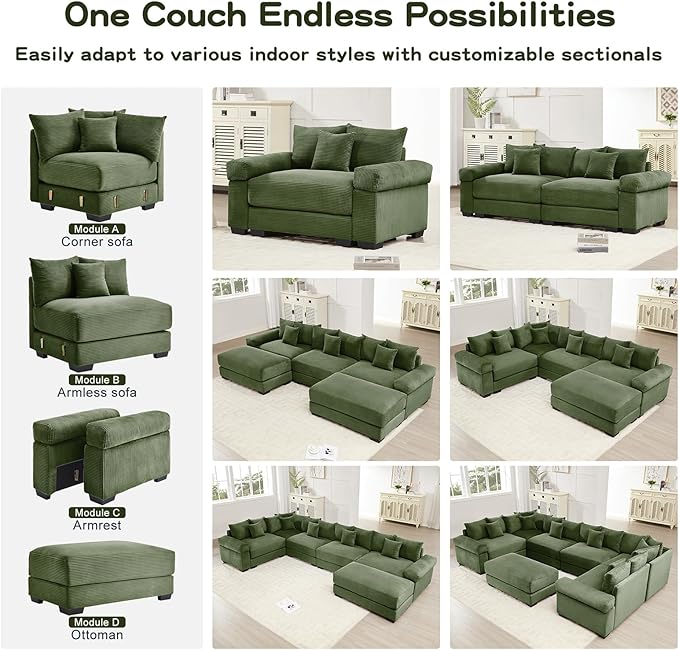 168 Corduroy Sectional Couches for Living Room Green Comfortable Oversized Sectional Sofa Set with Deep Seat Large 4 Seater with 1 Ottoman Sofas para Sala L Shaped Couch with Chaise Lounge