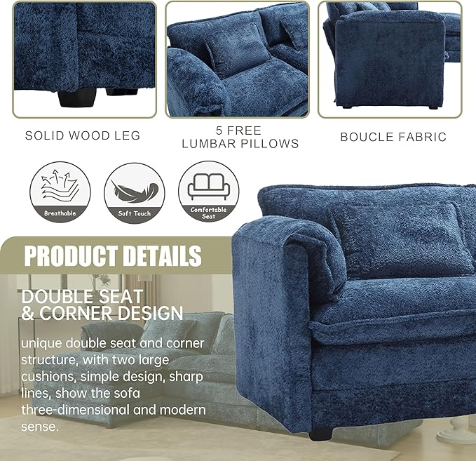 Modular Sectional Sofa Cloud Couch 112 L-Shape Sofa Chenille Comfy Upholstered with Removeable Ottoman and 3 Pillows for Living Room Navy