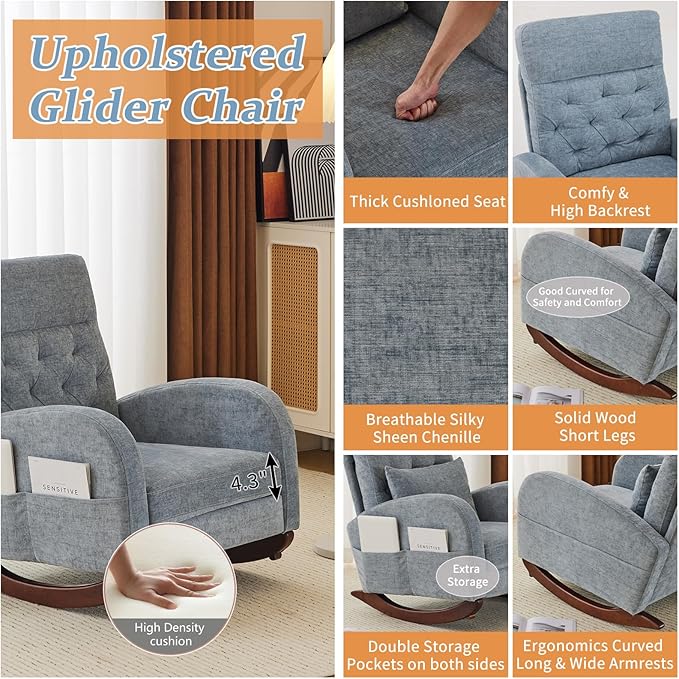 VINGLI Chenille Low Seat Nursery Rocking ChairUpholstered Comfy Rocker Glider Chair with Side Pockets Accent Arm Chair with High BackrestSolid Wood Base for Living Room Bedroom BalconyBlue