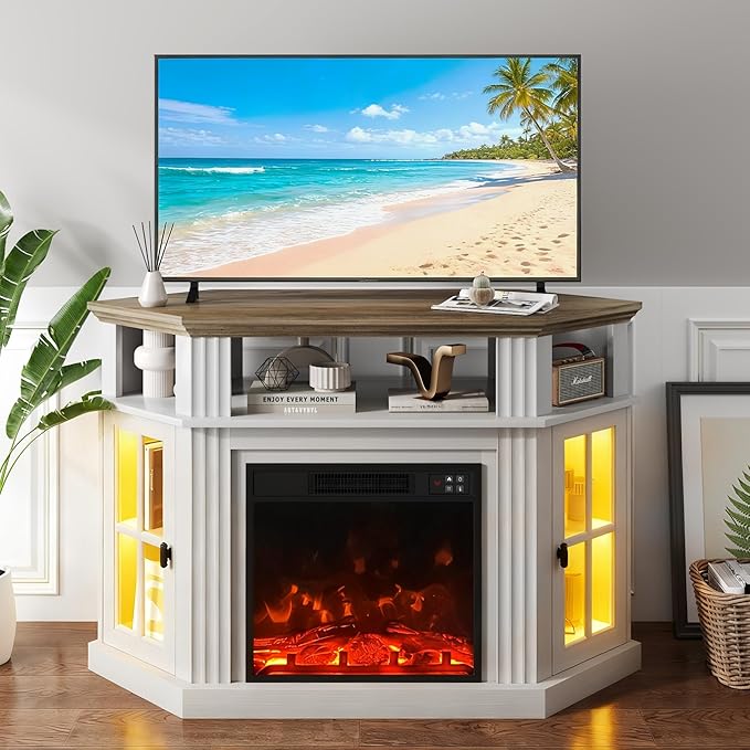 YESHOMY LED Corner Fireplace TV Stand with Mood Lighting for TVs up to 55 with Storage Cabinets Entertainment Center Media Console for Living Room Bedroom White＆Rustic