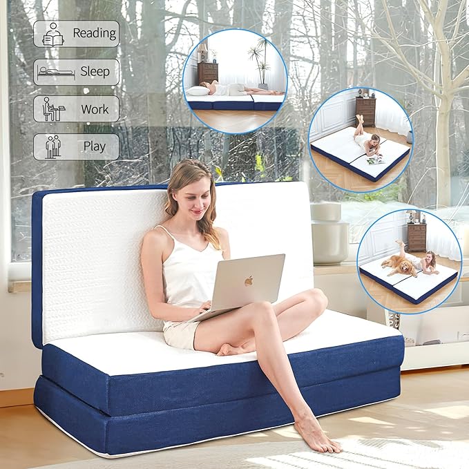 CYMULA Folding Mattress Full Size Memory Foam 6 inch Tri Portable Trifold Mattress Futon Topper Full with Breathable &amp Washable Cover Murphy Bed Guest Bed RV Trips52×73×6
