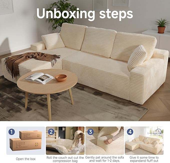 105 Cloud Modular Boneless Couch Left Facing L-Shaped Chaise Sectional Sofa - No Assembly Required Plush Corduroy &amp Memory Foam for Living Room Bedroom Apartment (Beige)