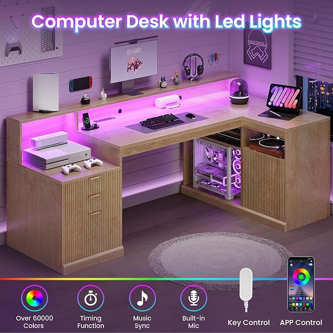 64 L Shaped Computer Desk with File Storage Home Office Desk with LED Lights Executive Desk with CPU &amp Printer Stand Outlets for PC Heightened Monitor Stand Adjustable Shelf Home Office