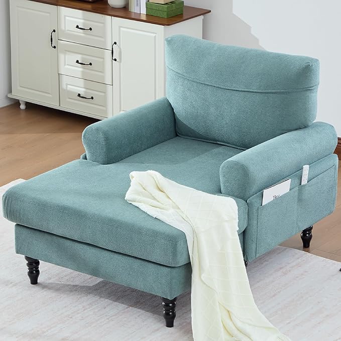 KEIKI Chaise Lounge Chair Indoor Oversized Accent Chenille Armchair with Storage Leisure Sleeper Single Sofa Side Chair Corner Recliner Arm Chairs for Living Room Reading Easy Assembly Mint Green