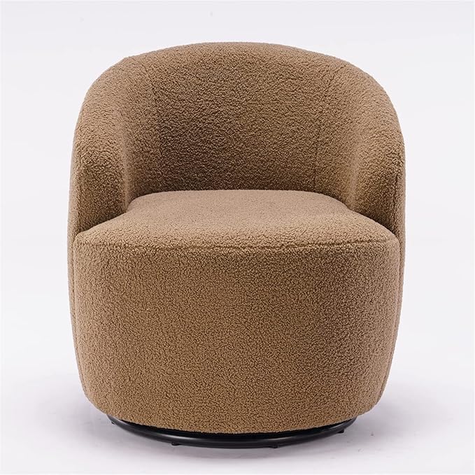 360 Degree Swivel Chair Teddy Fabric Modern Bucket Chair with Black Powder Coated Metal Ring for Living Room Bedroom (Chocolate)