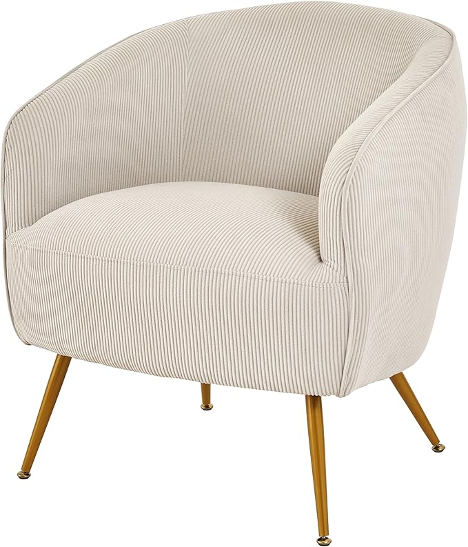 Modern Corduroy Accent Chair with Gold Metal Legs Channel Back Design and Soft Upholstery Comfortable Seating for Living Room Bedroom or Office Beige