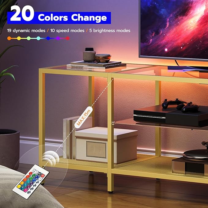 HOOBRO TV Stand with LED Lights and Power Outlets for TVs up to 65 Modern 55 Inch Tempered Glass TV Console Table with Open Shelves Media Entertainment Center for Living Room Gold GD145UDS01