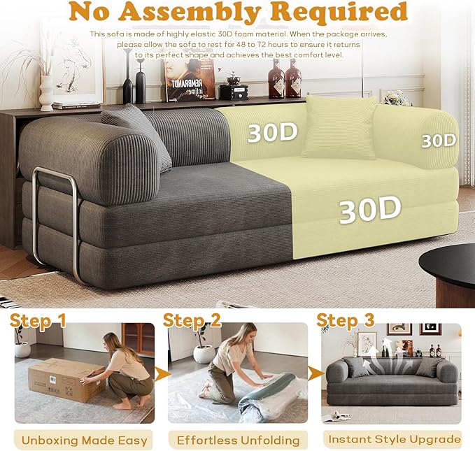 78.8 Modern Convertible Floor Sleeper Sofa Bed Corduroy Modular Boneless Couch with Silver Fixed-Shape Frame No Assembly Futon Cloud Loveseat with Pull-Out Bed for Living Room (Grey)