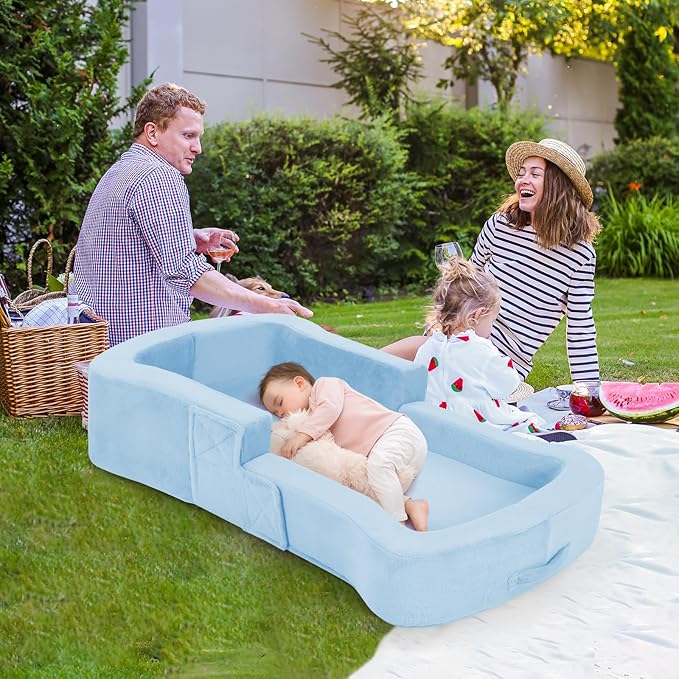 Toddler Travel Bed 2-in-1 Foldable Portable Toddler Bed Sofa Chair Soft Baby Kids Travel Floor Cot with Washable Covers Safety Foam Raised Bumper for Camping Hotel Sleeping (Blue)