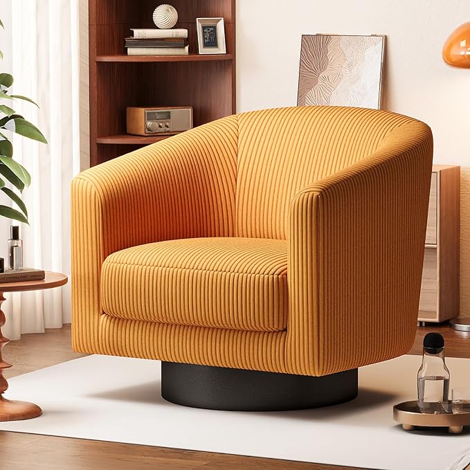 360° Swivel Accent Chairs Set of 2 Modern Bucket Chair Corduroy Barrel Armchair Comfy Boucle Chair Single Sofa for Living Room Bedroom. Orange