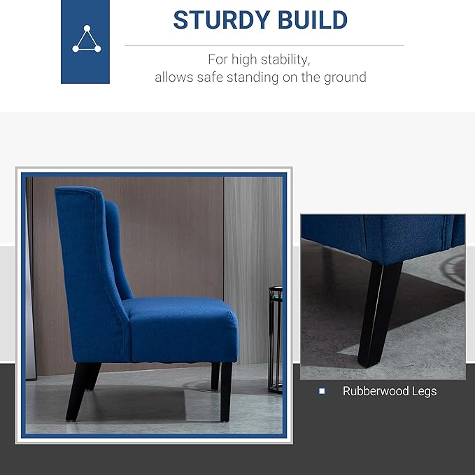 HOMCOM Wingback Double Sofa Linen Fabric Upholstery Button Tufted Loveseat Armless Couch Modern Contemporary Living Room Settee with Wood Legs Blue
