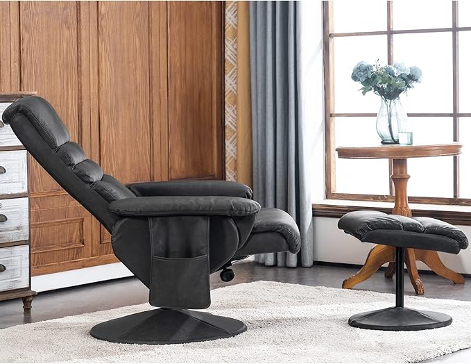 MCombo Recliner with Ottoman Reclining Chair with Massage 360 Swivel Living Room Chair Faux Leather 7902 (Dark Grey)