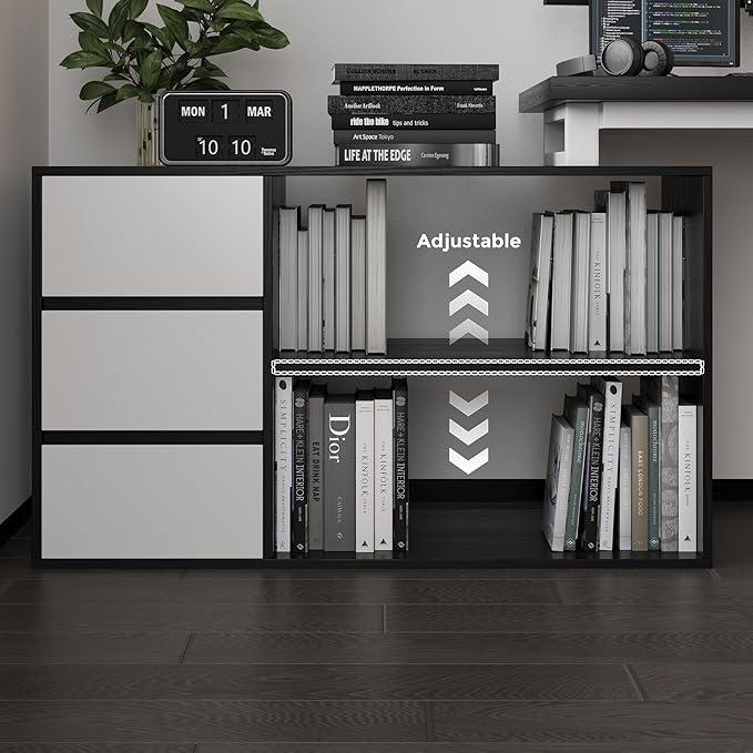 L Shape Computer Desk with 3 Drawers and 2 Shelves Home Office Desk Corner Small Desk with Storage Cabinet for Writing Study Executive – Black and White