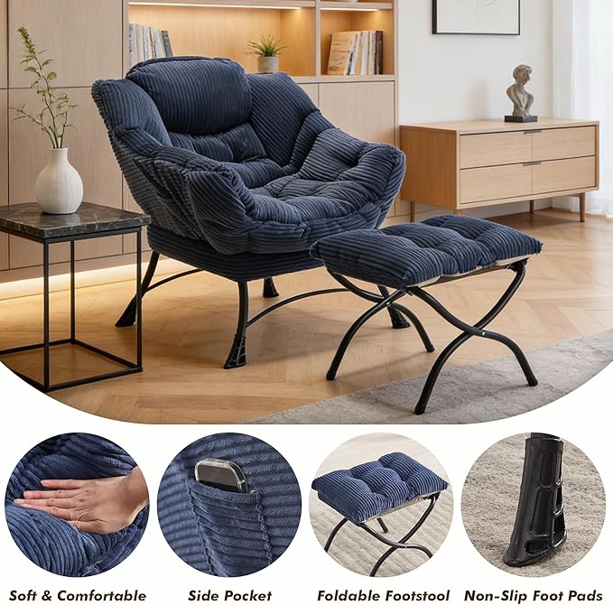 QQU Lazy Chair with Ottoman Corduroy Lounge Armchair Reading Chair with Footrest for Living Room Balcony Study (Navy)
