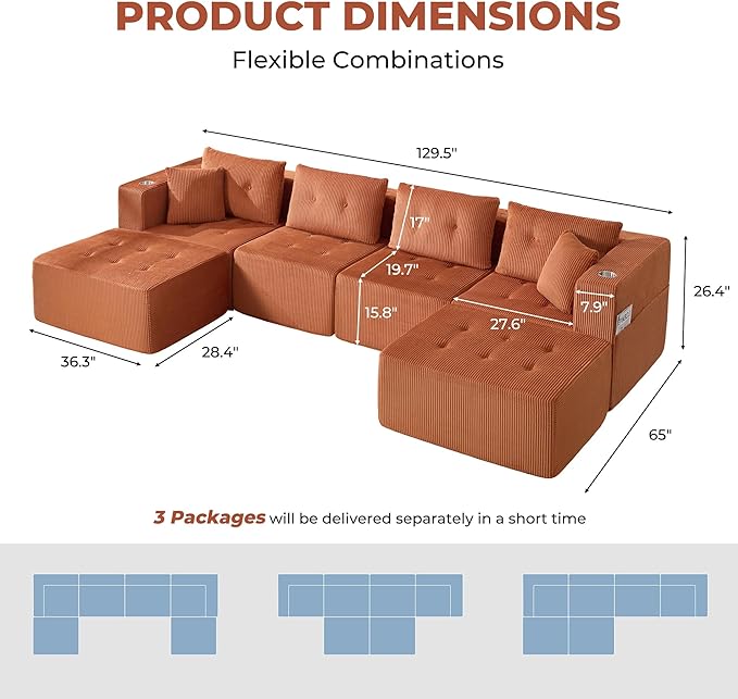 128 U Shaped Modular Sectional Sofa Oversized 6-Seater Boneless Tufted Cloud Couch with Cup Holder and Movable Ottoman Corduroy Upholstery Couches for Living Room No Assembly Orange