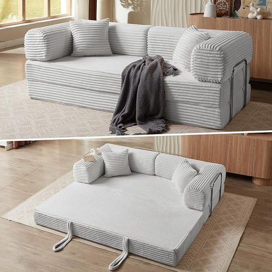 4-in-1 Convertible Folding Sleeper Sofa Bed Plush Corduroy Foldable Mattress Couch with Fixed-Shape Frame Floor Compressed Sofa for Living Room Bedroom (Light Grey)