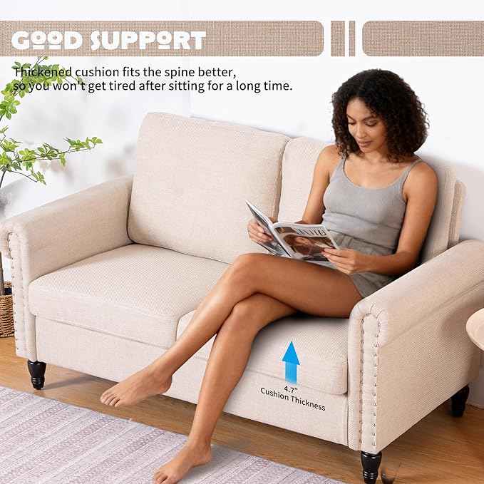 J.C.UP 57’’ Loveseat Sofa CouchSmall Couches for Living Room with Linen FabricComfy Upholstered Love Seat Sofa Couches for Bedroom with Solid Wood Legs2 Seater Mini Modern Couch for Small Spaces