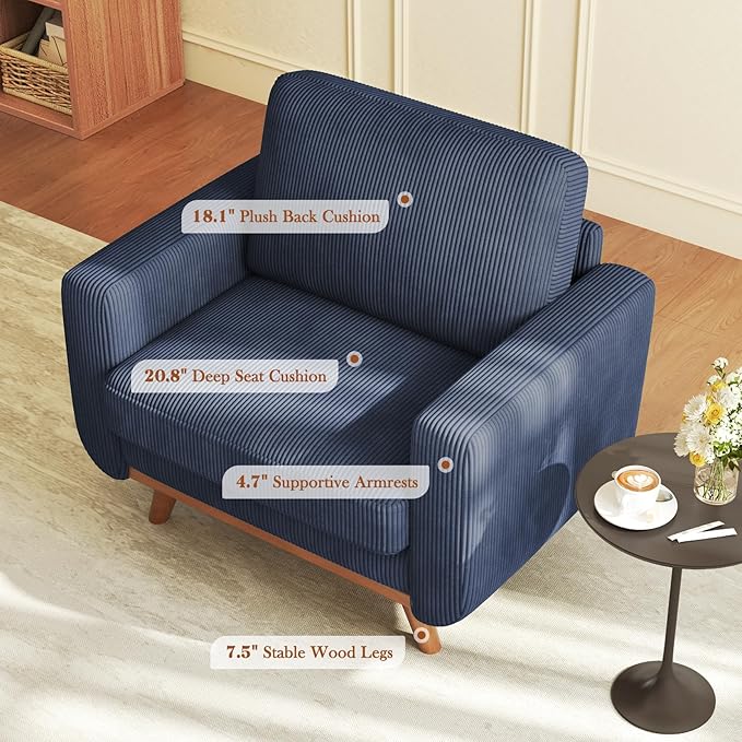 38.5 Dark Blue Corduroy Accent Chair Comfy Deep Seat Armchair with Spring Cushion Modern Reading Sofa for Living Room Bedroom